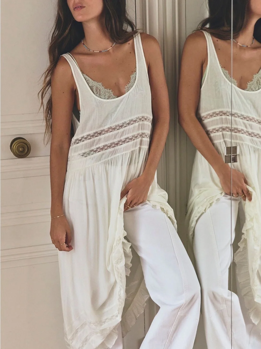 Free People Cream Lace-Panel Floaty Chemise